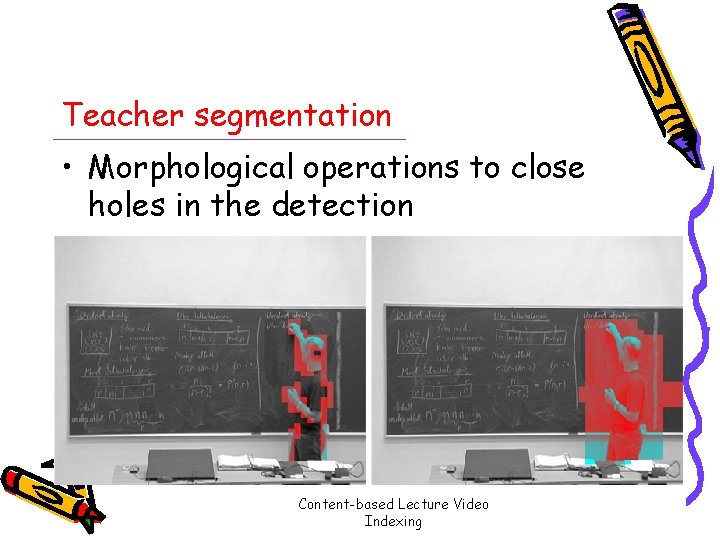Teacher segmentation • Morphological operations to close holes in the detection Content-based Lecture Video