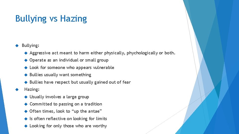 Bullying vs Hazing Bullying: Aggressive act meant to harm either physically, phychologically or both.