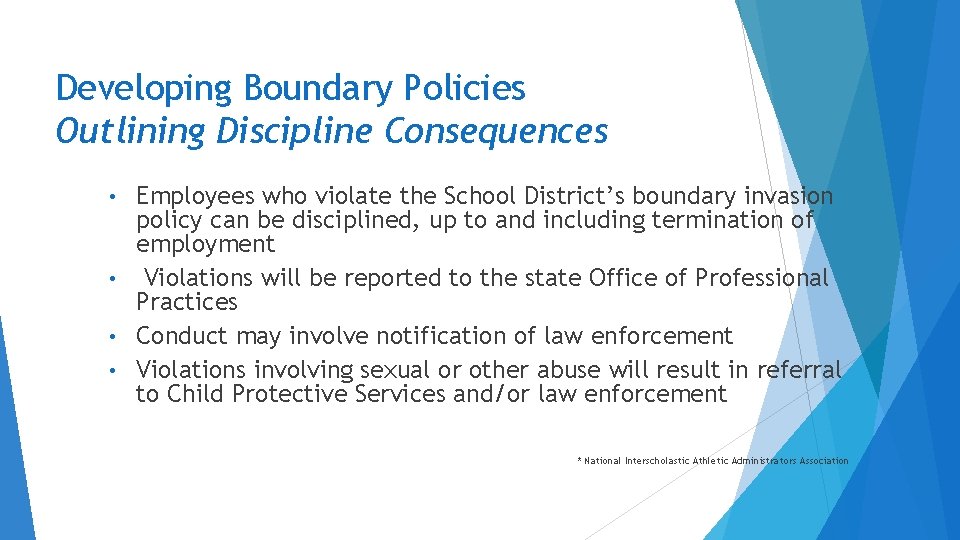 Developing Boundary Policies Outlining Discipline Consequences Employees who violate the School District’s boundary invasion