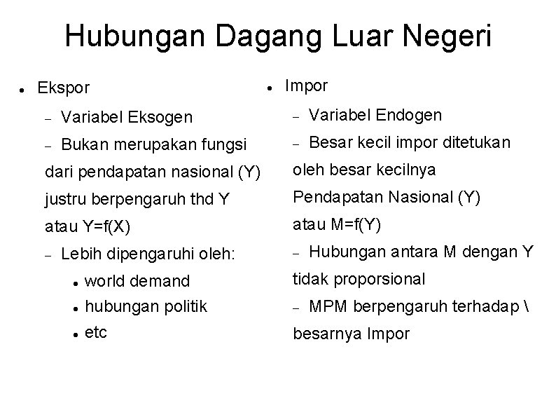 Hubungan Dagang Luar Negeri Ekspor Impor Variabel Eksogen Variabel Endogen Bukan merupakan fungsi Besar