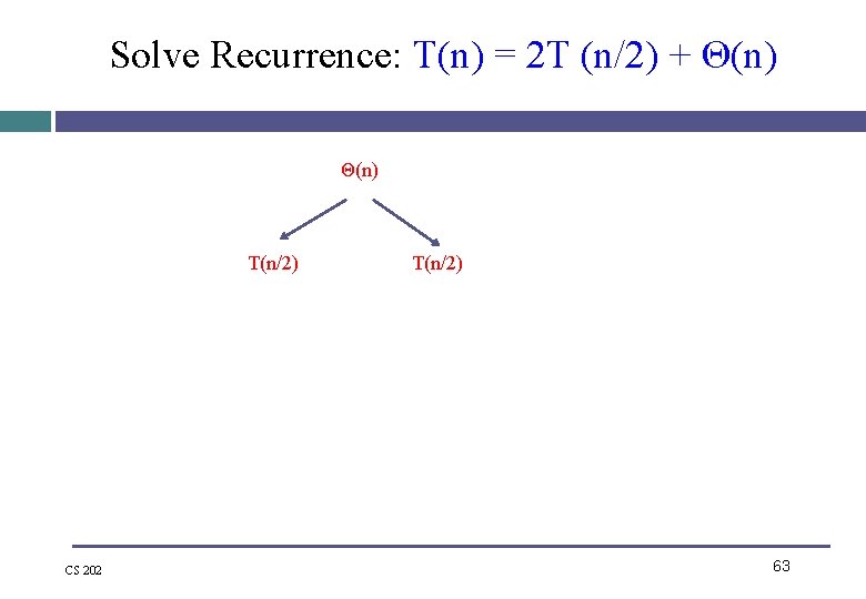 Solve Recurrence: T(n) = 2 T (n/2) + Θ(n) T(n/2) CS 202 T(n/2) 63