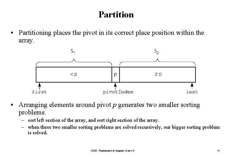 Partition • Partitioning places the pivot in its correct place position within the array.