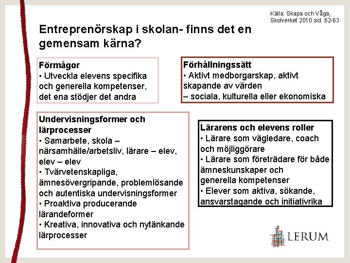 Entreprenörskap i skolan- finns det en gemensam kärna? Förmågor • Utveckla elevens specifika och