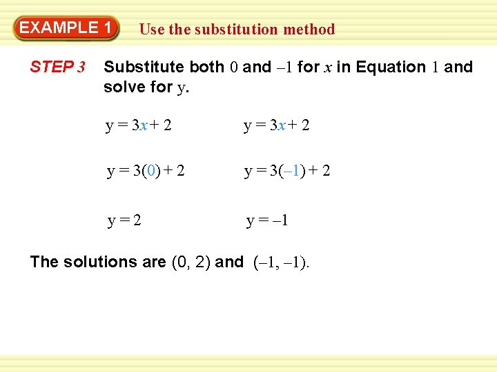 Warm-Up 1 Exercises EXAMPLE Use the substitution method STEP 3 Substitute both 0 and Warm-Up 1 Exercises EXAMPLE Use the substitution method STEP 3 Substitute both 0 and