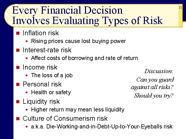 Every Financial Decision Involves Evaluating Types of Risk n Inflation risk w Rising prices