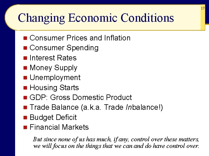 17 Changing Economic Conditions Consumer Prices and Inflation n Consumer Spending n Interest Rates