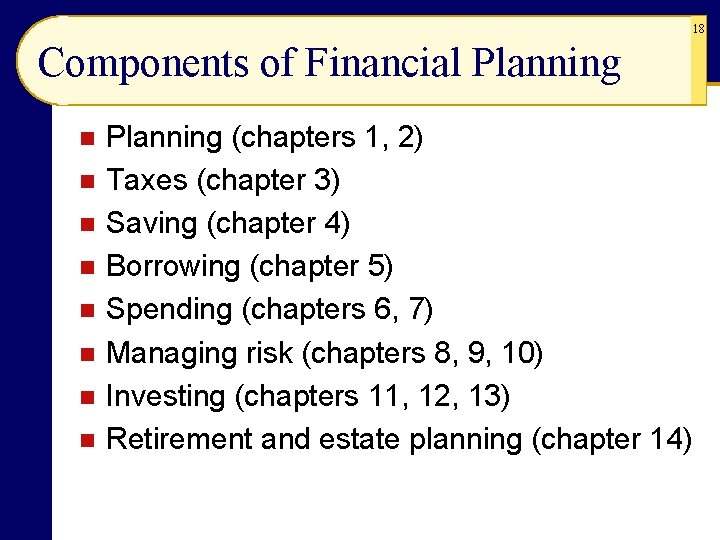 18 Components of Financial Planning n n n n Planning (chapters 1, 2) Taxes