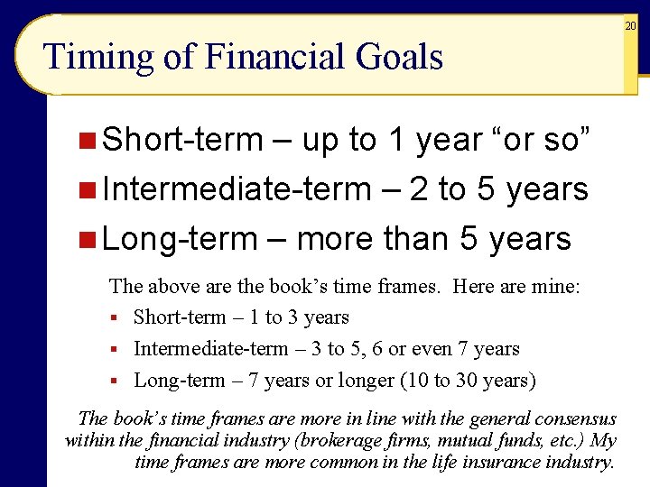 20 Timing of Financial Goals n Short-term – up to 1 year “or so”