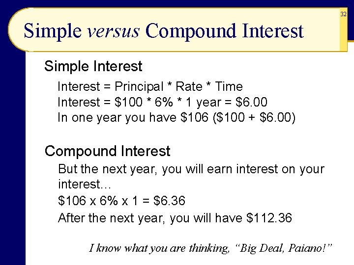 32 Simple versus Compound Interest Simple Interest = Principal * Rate * Time Interest