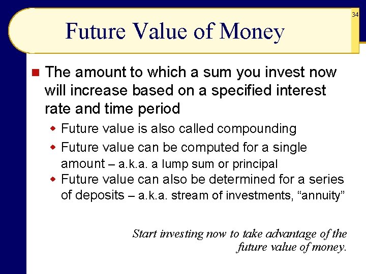 Future Value of Money n The amount to which a sum you invest now