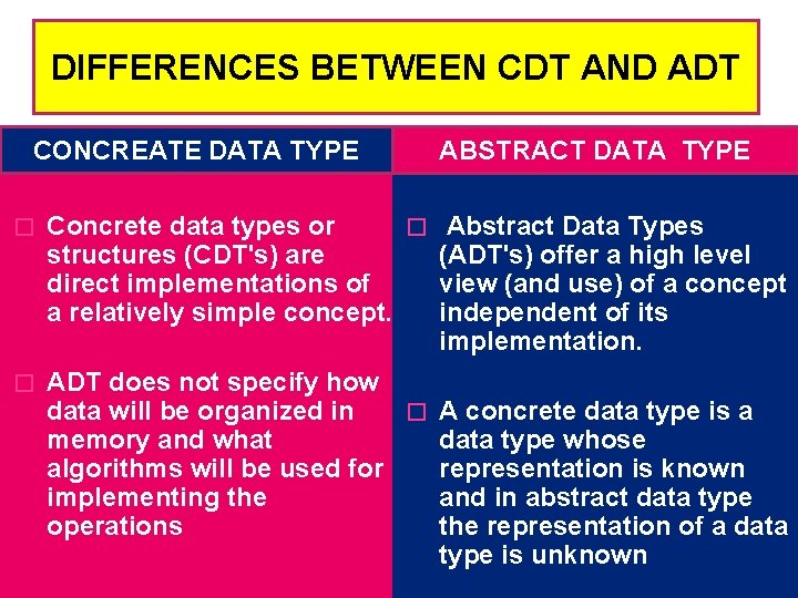 DIFFERENCES BETWEEN CDT AND ADT CONCREATE DATA TYPE ABSTRACT DATA TYPE � Concrete data