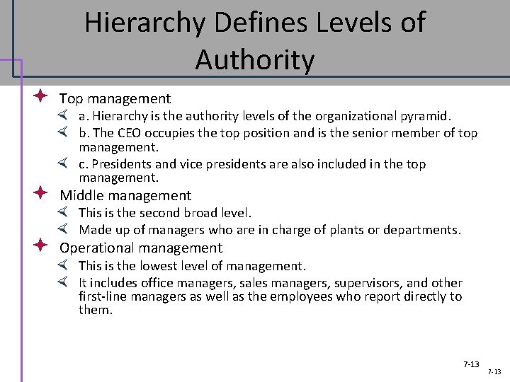 Hierarchy Defines Levels of Authority ª ª ª Top management a. Hierarchy is the