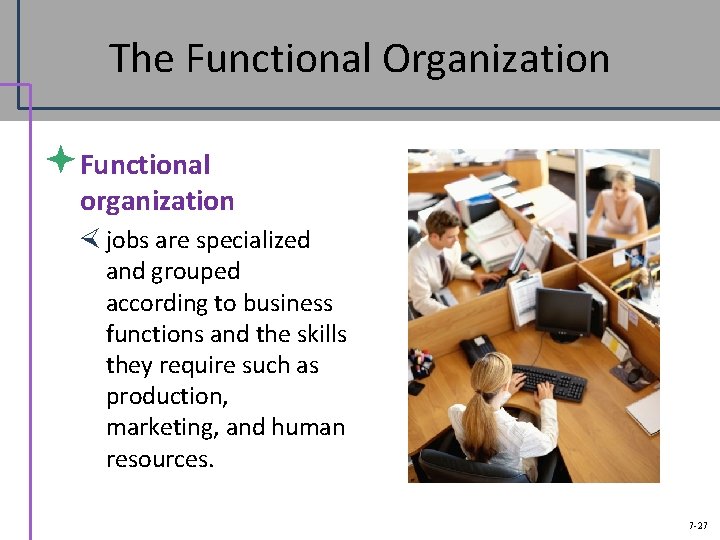 The Functional Organization ªFunctional organization jobs are specialized and grouped according to business functions