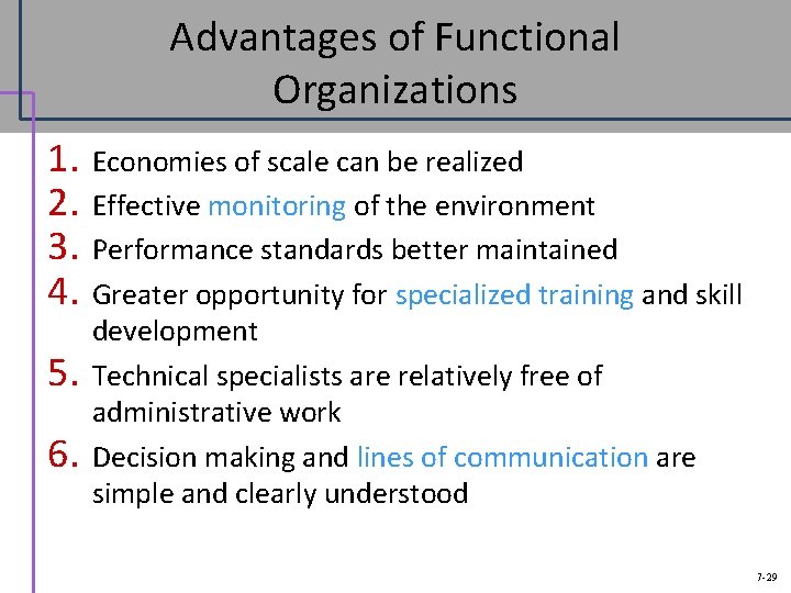 Advantages of Functional Organizations 1. Economies of scale can be realized 2. Effective monitoring