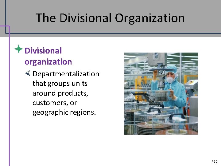 The Divisional Organization ªDivisional organization Departmentalization that groups units around products, customers, or geographic