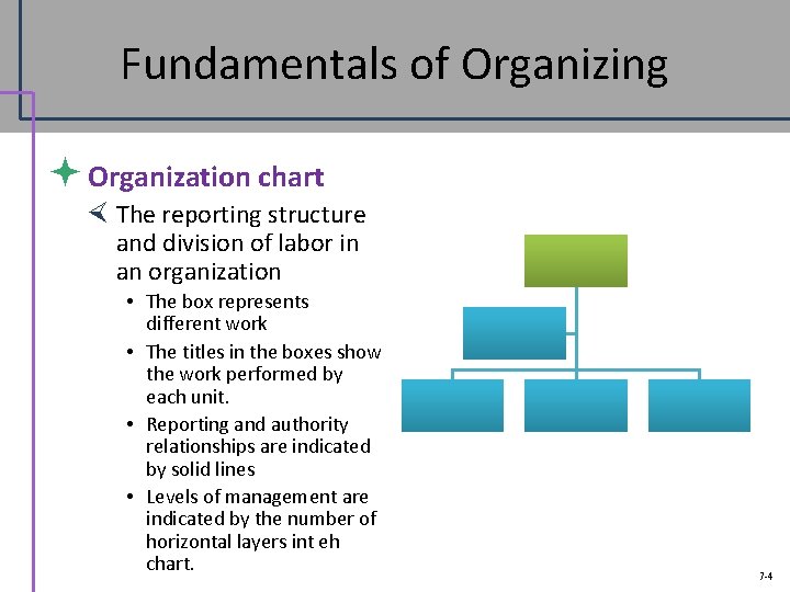 Fundamentals of Organizing ª Organization chart The reporting structure and division of labor in