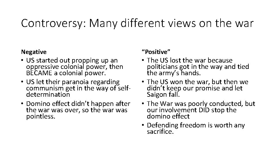 Controversy: Many different views on the war Negative • US started out propping up