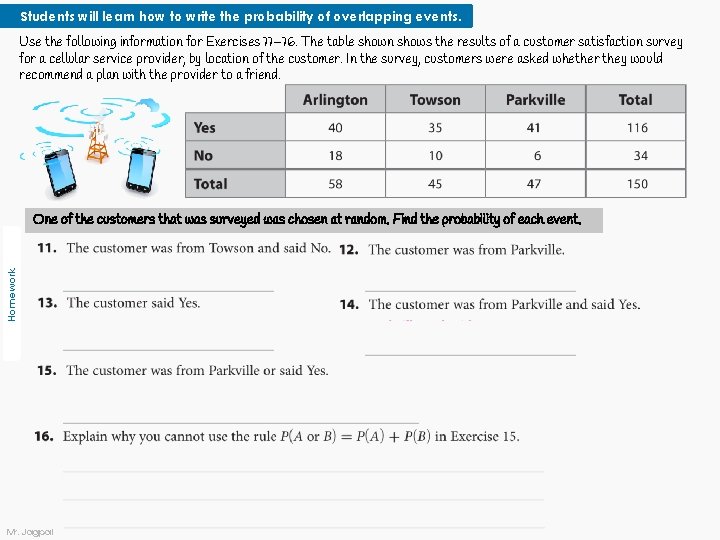 Students will learn how to write the probability of overlapping events. Use the following