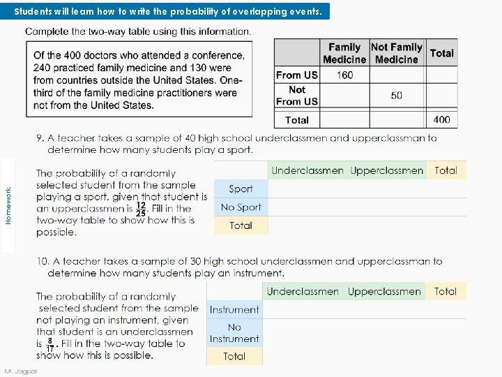 Homework Students will learn how to write the probability of overlapping events. Mr. Jagpal