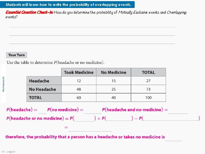 Students will learn how to write the probability of overlapping events. Essential Question Check-In:
