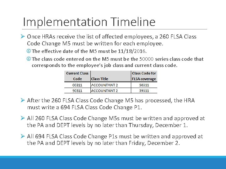 Implementation Timeline Ø Once HRAs receive the list of affected employees, a 260 FLSA