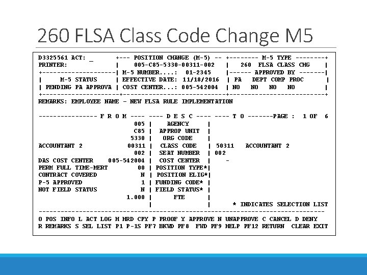 260 FLSA Class Code Change M 5 D 3325561 ACT: _ +--- POSITION CHANGE