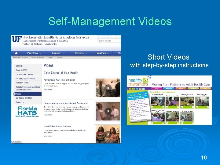 Self-Management Videos Short Videos with step-by-step instructions 10 