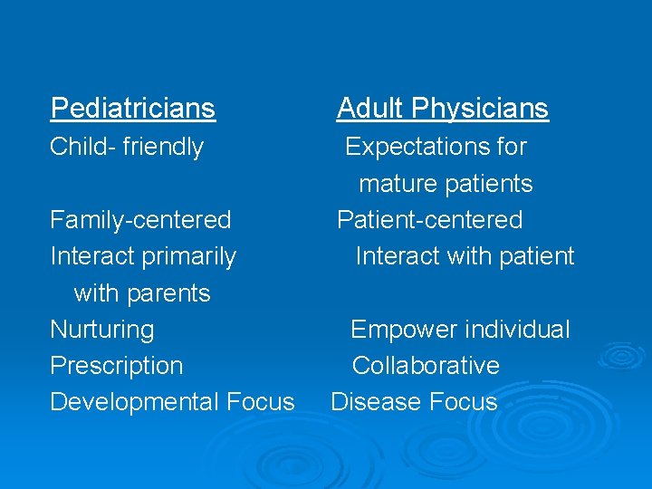 Pediatricians Adult Physicians Child- friendly Expectations for mature patients Patient-centered Interact with patient Family-centered