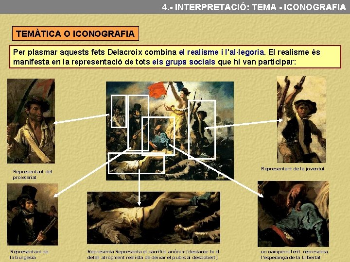 4. - INTERPRETACIÓ: TEMA - ICONOGRAFIA TEMÀTICA O ICONOGRAFIA Per plasmar aquests fets Delacroix