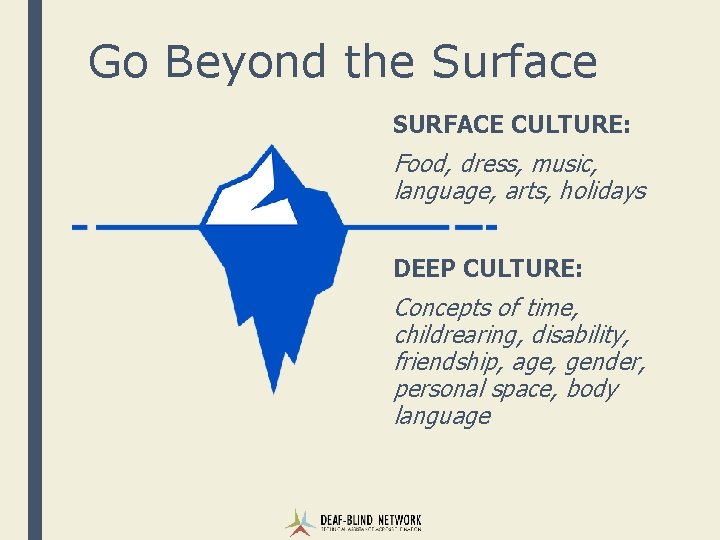 Go Beyond the Surface SURFACE CULTURE: Food, dress, music, language, arts, holidays DEEP CULTURE: