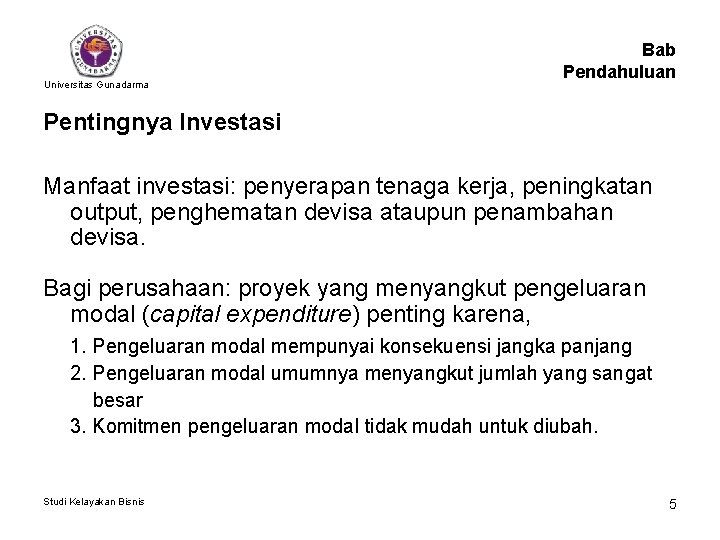 Universitas Gunadarma Bab Pendahuluan Pentingnya Investasi Manfaat investasi: penyerapan tenaga kerja, peningkatan output, penghematan