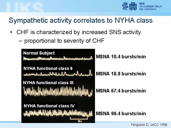 Sympathetic activity correlates to NYHA class • CHF is characterized by increased SNS activity