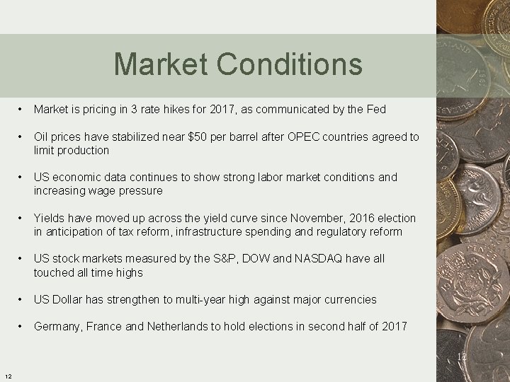 Market Conditions • Market is pricing in 3 rate hikes for 2017, as communicated