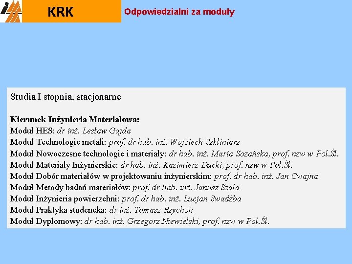 KRK Odpowiedzialni za moduły Studia I stopnia, stacjonarne Kierunek Inżynieria Materiałowa: Moduł HES: dr