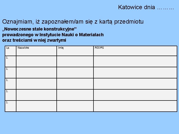 Katowice dnia ……… Oznajmiam, iż zapoznałem/am się z kartą przedmiotu „Nowoczesne stale konstrukcyjne” prowadzonego