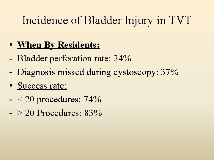 Incidence of Bladder Injury in TVT • • - When By Residents: Bladder perforation