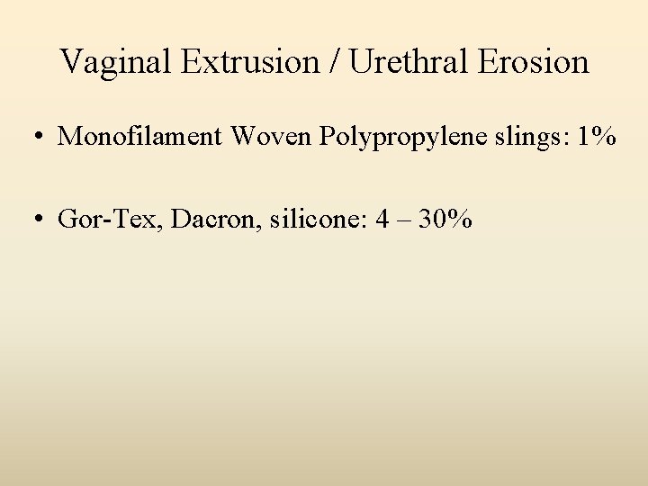 Vaginal Extrusion / Urethral Erosion • Monofilament Woven Polypropylene slings: 1% • Gor-Tex, Dacron,