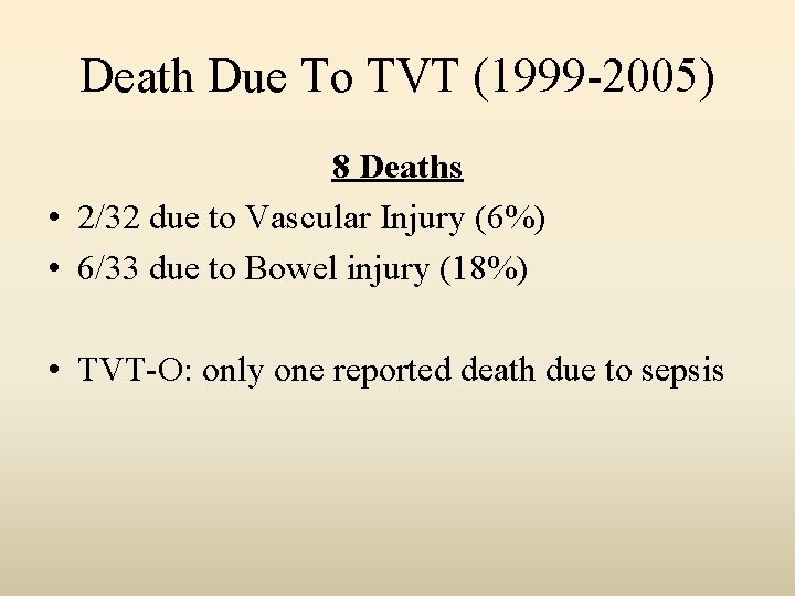 Death Due To TVT (1999 -2005) 8 Deaths • 2/32 due to Vascular Injury