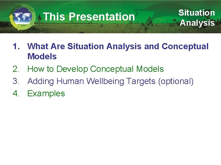 This Presentation Situation Analysis 1. What Are Situation Analysis and Conceptual Models 2. How