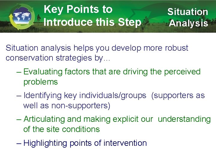 Key Points to Introduce this Step Situation Analysis Situation analysis helps you develop more