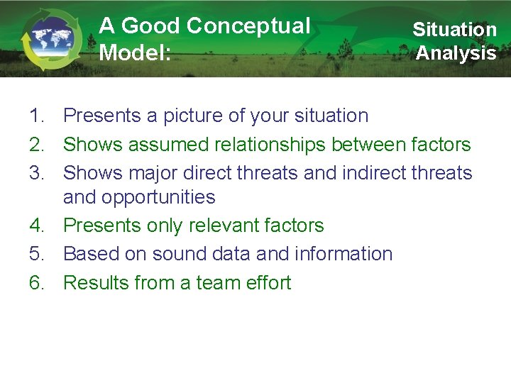 A Good Conceptual Model: Situation Analysis 1. Presents a picture of your situation 2.