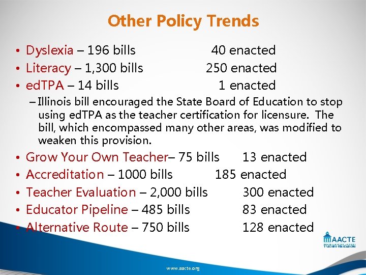 Other Policy Trends • Dyslexia – 196 bills • Literacy – 1, 300 bills