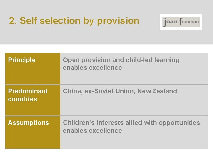 2. Self selection by provision Principle Open provision and child-led learning enables excellence Predominant