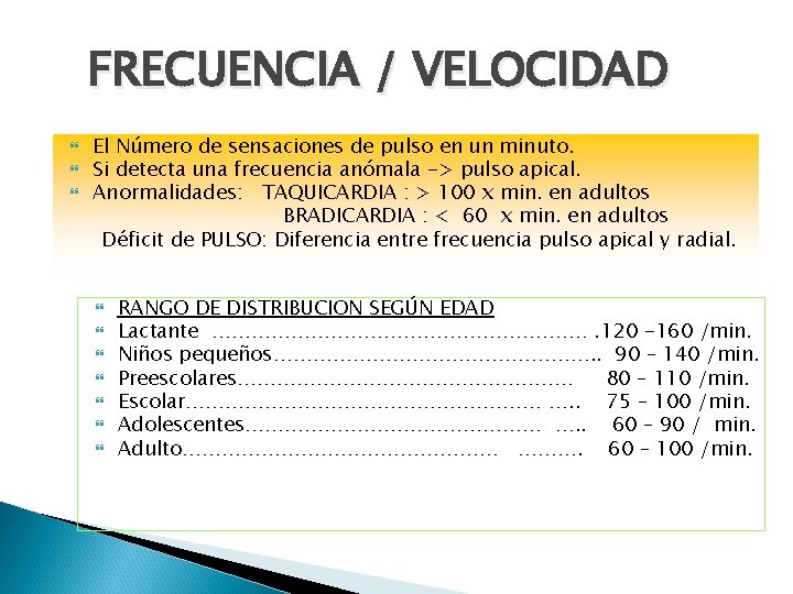 FRECUENCIA / VELOCIDAD El Número de sensaciones de pulso en un minuto. Si detecta