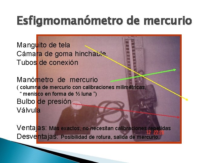 Esfigmomanómetro de mercurio Manguito de tela Cámara de goma hinchable. Tubos de conexión Manómetro