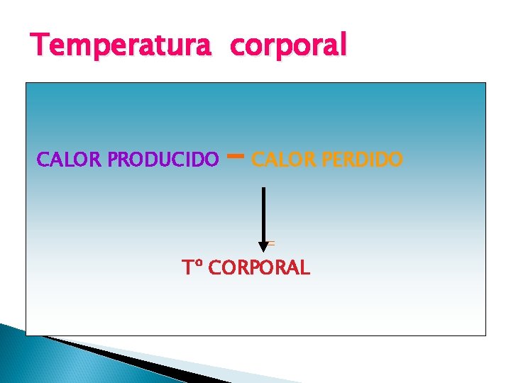 Temperatura corporal CALOR PRODUCIDO - CALOR PERDIDO = Tº CORPORAL 