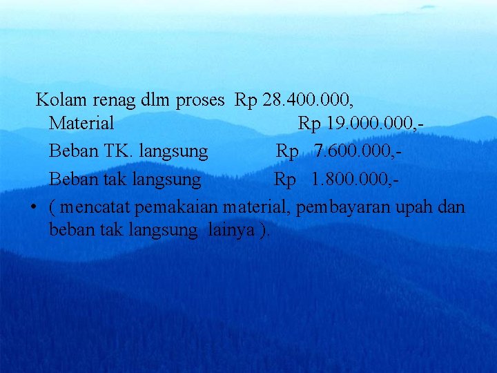 Kolam renag dlm proses Rp 28. 400. 000, Material Rp 19. 000, Beban TK.