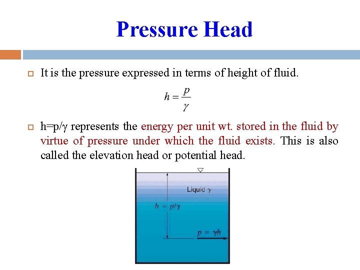 Pressure Head It is the pressure expressed in terms of height of fluid. h=p/g