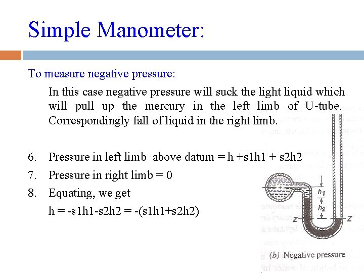 Simple Manometer: To measure negative pressure: In this case negative pressure will suck the