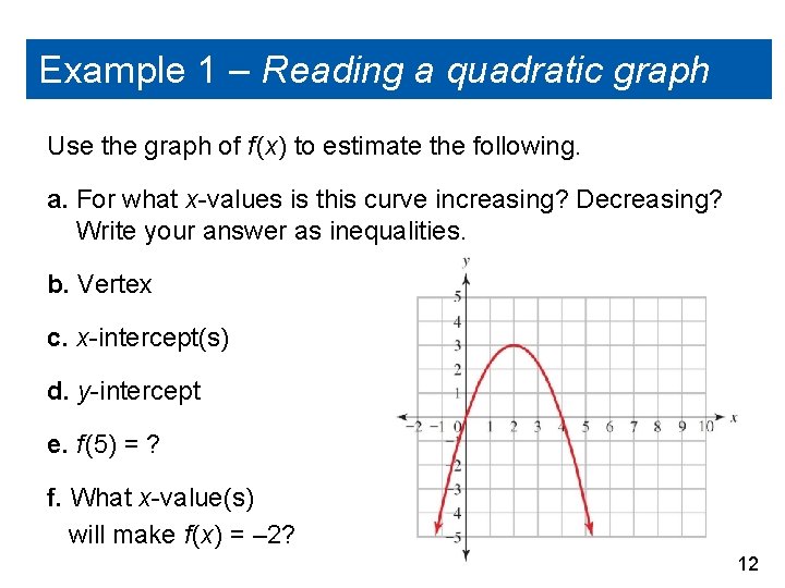 Example 1 – Reading a quadratic graph Use the graph of f (x) to